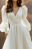 Ivory V-Neck Ruched Long Sleeves A Line Sweep Train Wedding Dress