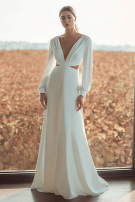 Ivory V-Neck Cut Out Long Sleeves Sheath Sweep Train Wedding Dress