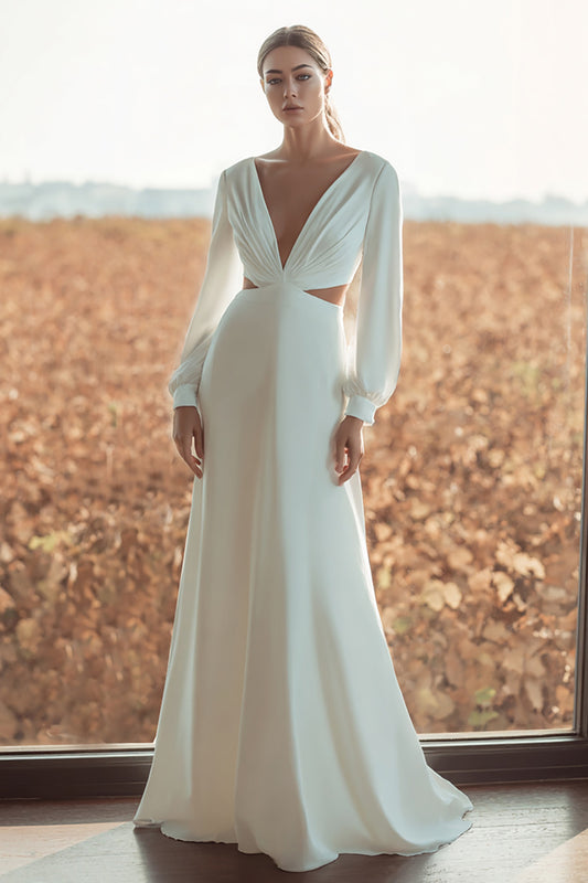 Ivory V-Neck Cut Out Long Sleeves Sheath Sweep Train Wedding Dress