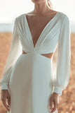 Ivory V-Neck Cut Out Long Sleeves Sheath Sweep Train Wedding Dress