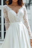 Ivory V-Neck Floor-Length Long Sleeves Wedding Dress with Lace