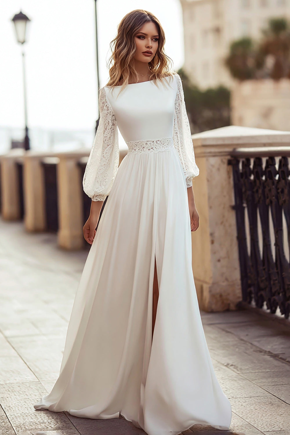 bateau neck lace wedding dress ZAPAKA Women Ivory with Slit Long Sleeve A Line Bridal Dress, Ivory / US14 Color:Porcelain Pink It is a good cat::sale 15 Petite-Friendly Dresses to