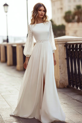 long train wedding dress Zapakasa Women Ivory Sweep Train Wedding Dress with Lace Bateau Neck A Line Long Sleeves Bridal Dress with Slit