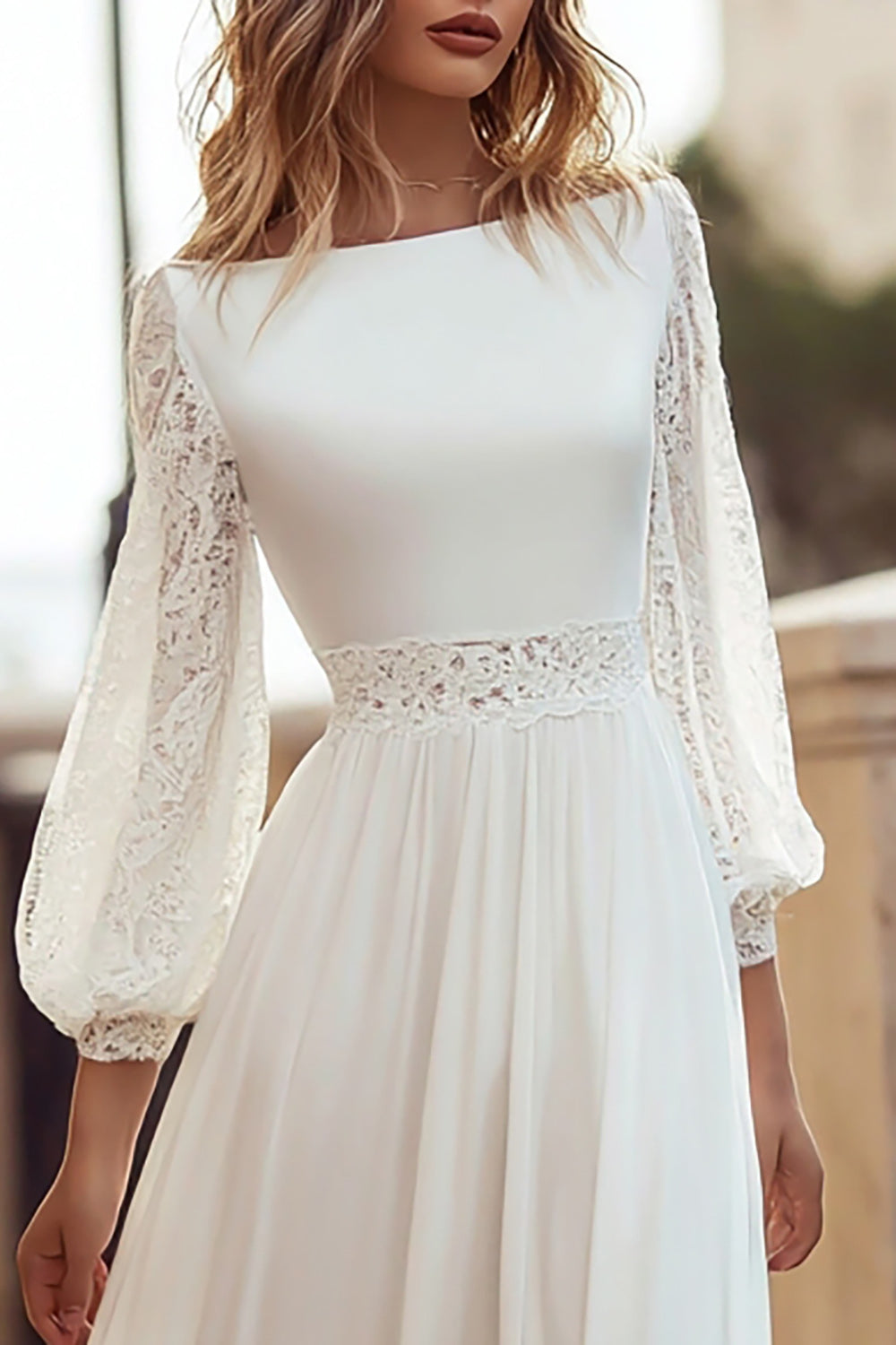 Ivory Bateau Neck Long Sleeves A Line Sweep Train Wedding Dress with Lace