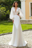Sparkly Ivory Sheath Sweep Train Wedding Dress with Sleeves