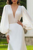 Sparkly Ivory Sheath Sweep Train Wedding Dress with Sleeves