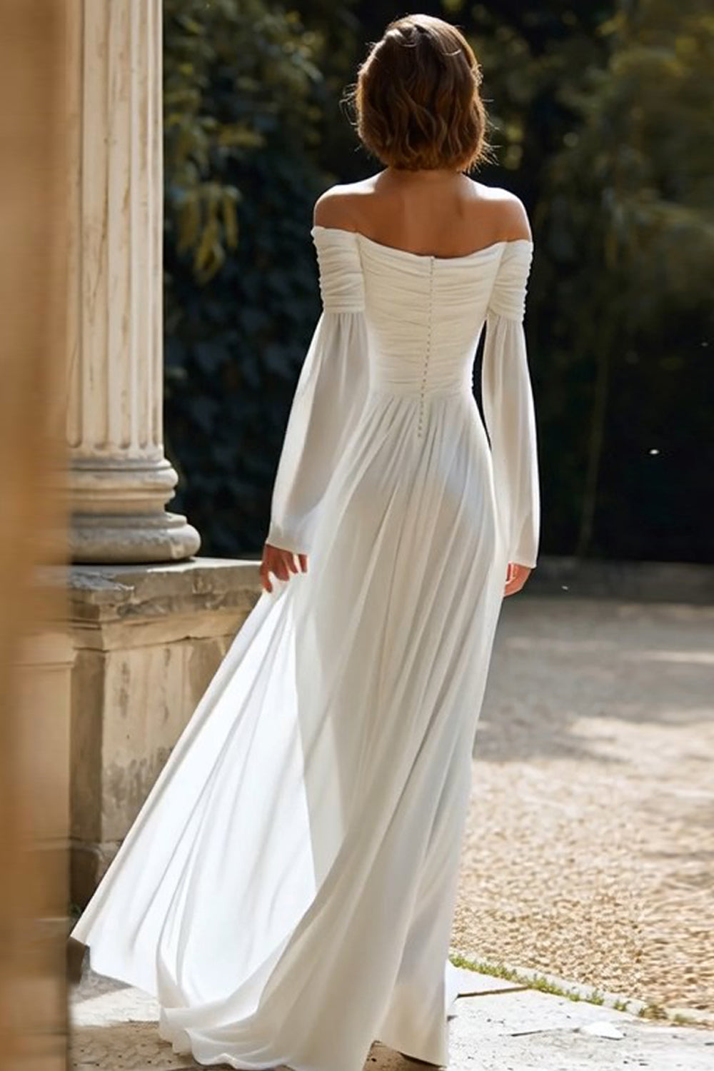 Ivory Off The Shoulder Long Sleeves Sheath Sweep Train Wedding Dress