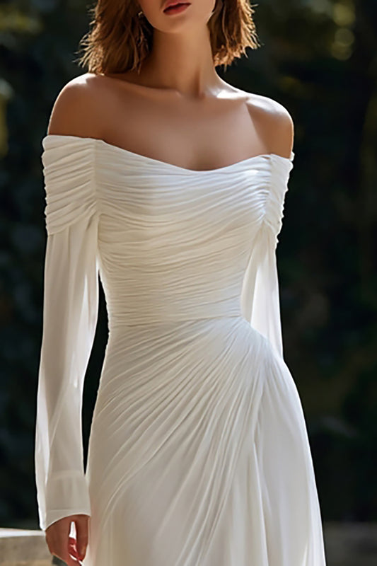 Ivory Off The Shoulder Long Sleeves Sheath Sweep Train Wedding Dress
