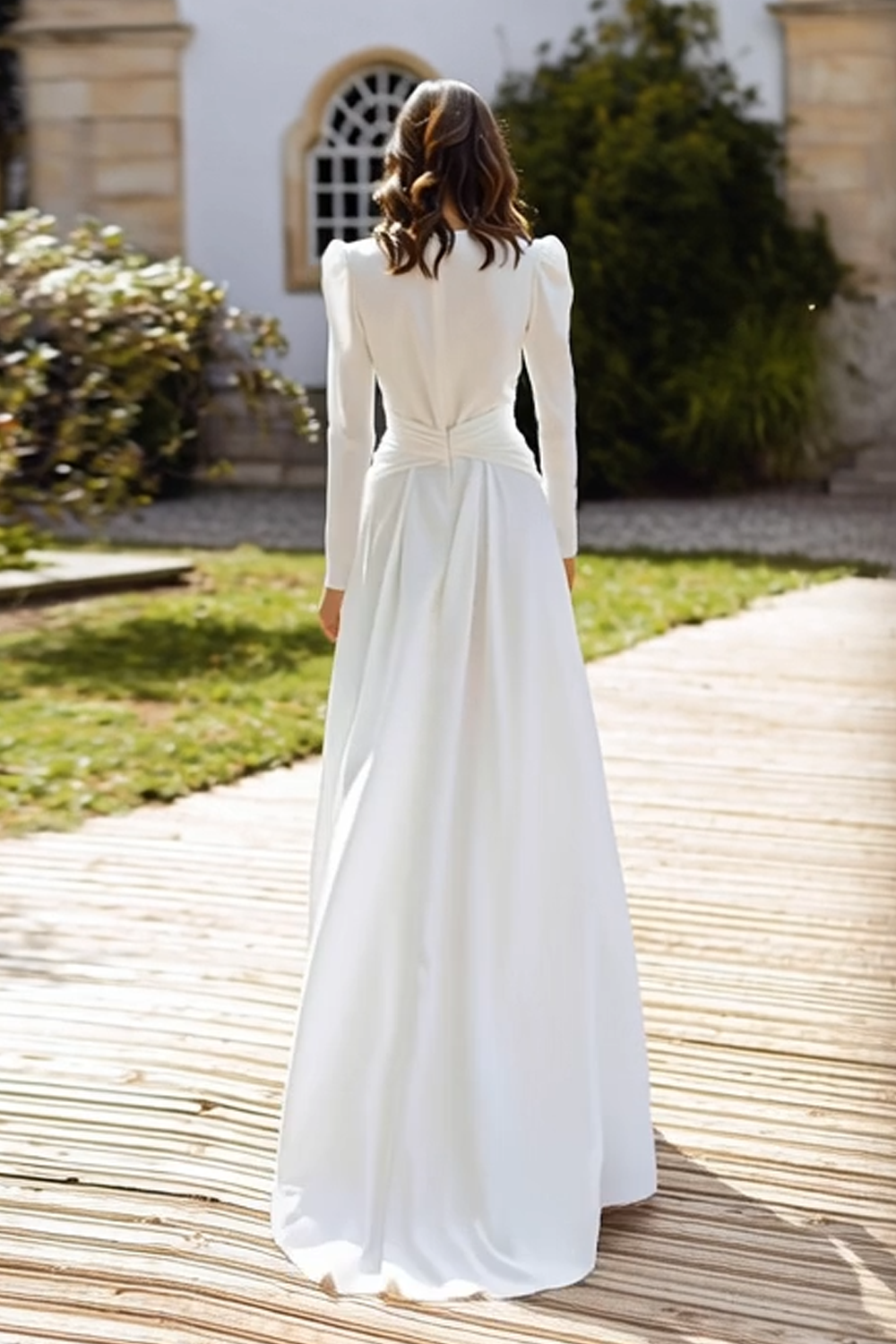 Ivory V-Neck Chiffon Long Sleeves Wedding Dress with Slit