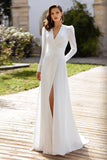 Ivory V-Neck Chiffon Long Sleeves Wedding Dress with Slit