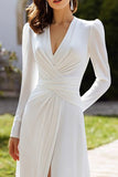 Ivory V-Neck Chiffon Long Sleeves Wedding Dress with Slit