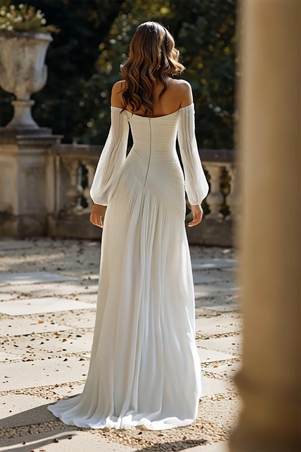 Ivory Chiffon Off the Shoulder Pleated Sweep Train Wedding Dress with Sleeves