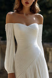 Ivory Chiffon Off the Shoulder Pleated Sweep Train Wedding Dress with Sleeves
