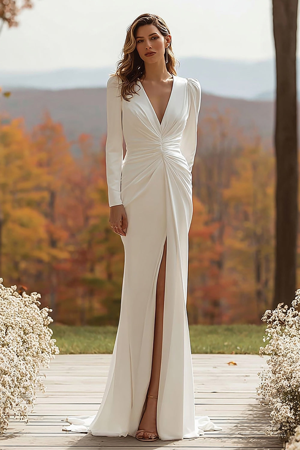 Ivory V-Neck Long Sleeves Ruched Wedding Dress with Slit