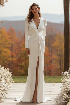 Ivory V-Neck Long Sleeves Ruched Wedding Dress with Slit