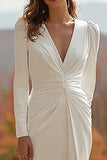Ivory V-Neck Long Sleeves Ruched Wedding Dress with Slit