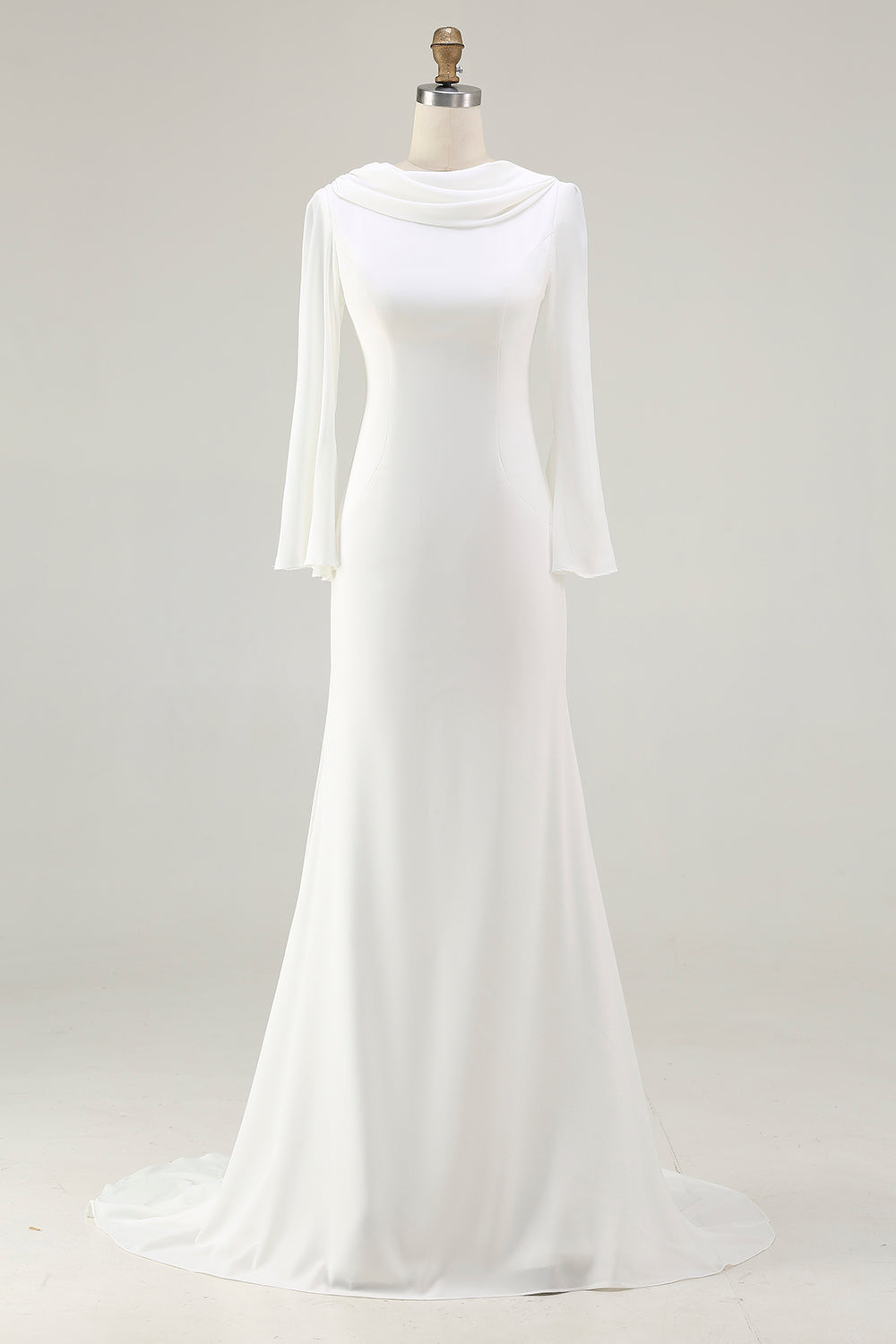 Ivory Mermaid Cowl Neck Sweep Train Vintage Wedding Dress with Sleeves