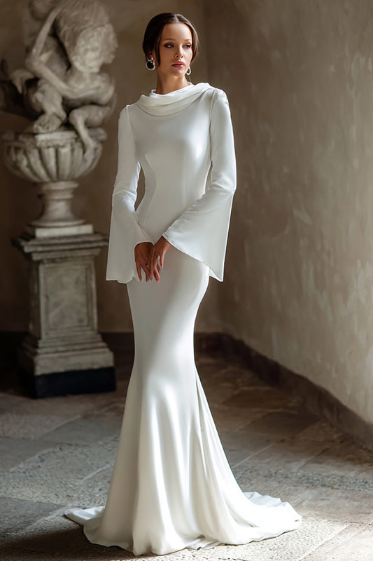 Ivory Mermaid Cowl Neck Sweep Train Vintage Wedding Dress with Sleeves