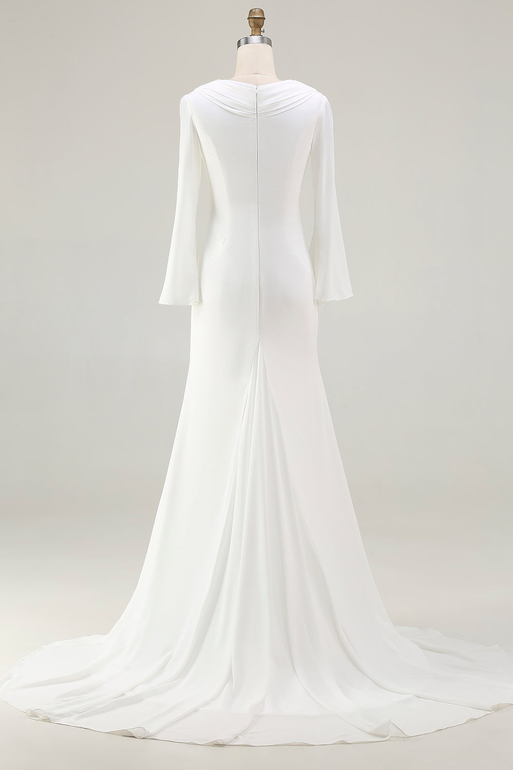 Ivory Mermaid Cowl Neck Sweep Train Vintage Wedding Dress with Sleeves