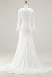 Ivory Mermaid Cowl Neck Sweep Train Vintage Wedding Dress with Sleeves
