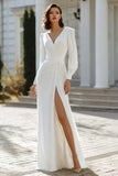 Ivory Sheath V-Neck Ruched Floor-Length Wedding Dress with Slit