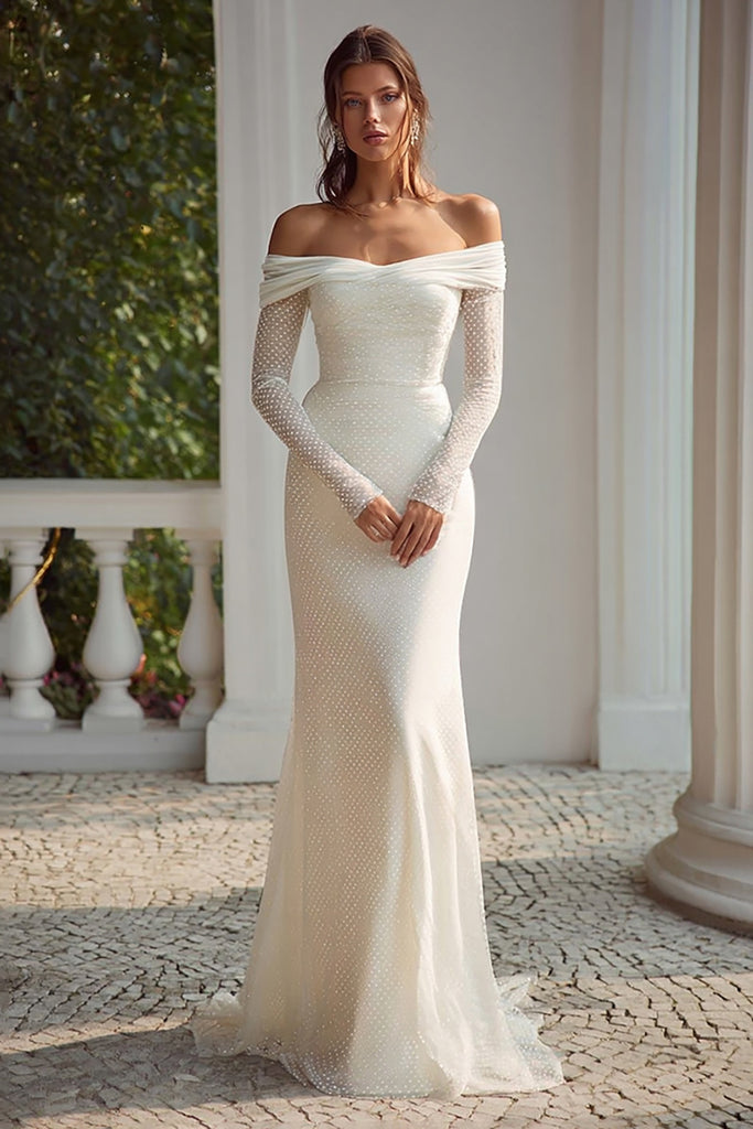 Zapakasa Women Ivory Long Sleeves Wedding Dress Off the Shoulder — free download