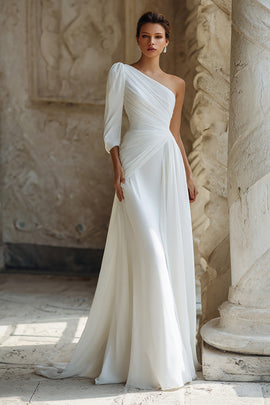 Ivory One Shoulder Sweep Train Wedding Dress with Sleeves