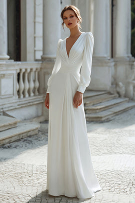 Ivory Sheath V-Neck Floor-Length Wedding Dress with Sleeves