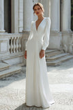Ivory Sheath V-Neck Floor-Length Wedding Dress with Sleeves