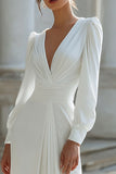 Ivory Sheath V-Neck Floor-Length Wedding Dress with Sleeves
