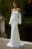 Ivory Chiffon Mermaid Off the Shoulder Sweep Train Wedding Dress with Sleeves