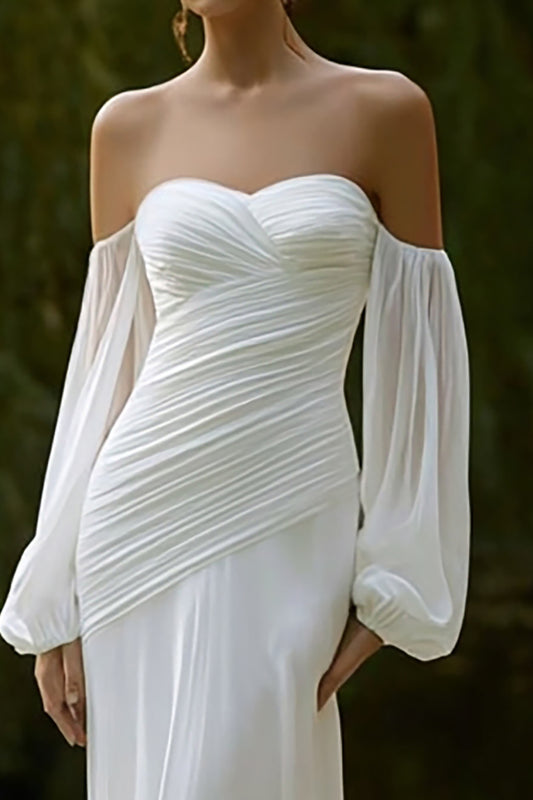 Ivory Chiffon Mermaid Off the Shoulder Sweep Train Wedding Dress with Sleeves