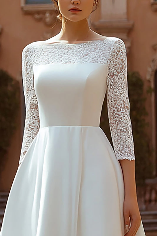 Ivory A Line Boat Neck Satin Sweep Train Wedding Dress with Lace