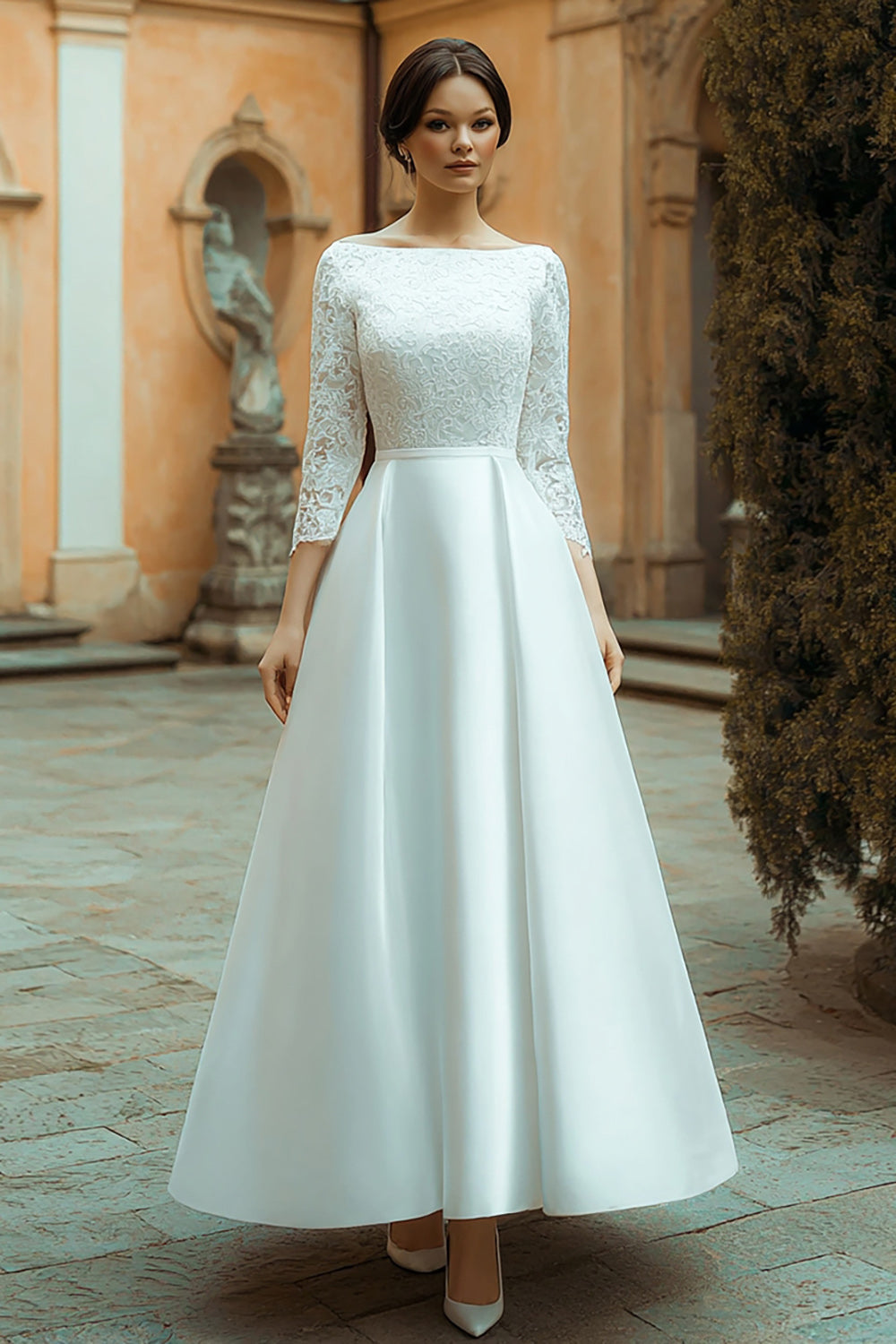 Ivory Satin A Line Boat Neck Long Wedding Dress with Lace