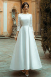 Ivory Satin A Line Boat Neck Long Wedding Dress with Lace