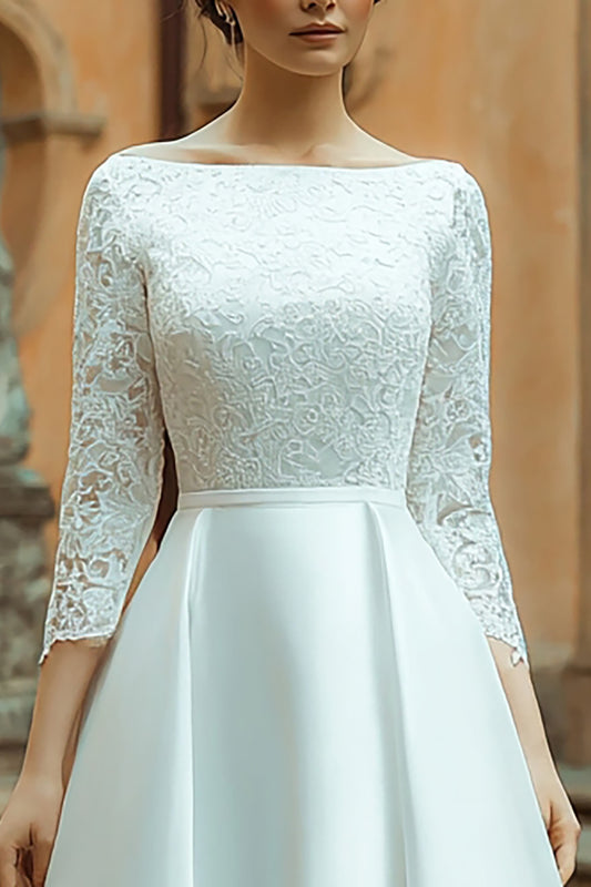 Ivory Satin A Line Boat Neck Long Wedding Dress with Lace