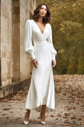 Ivory V-Neck Sheath Satin Long Wedding Dress with Sleeves