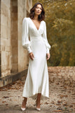 Ivory V-Neck Sheath Satin Long Wedding Dress with Sleeves