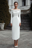 Ivory Sheath Satin Off the Shoulder Long Engagement Dress