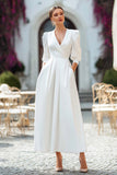 Ivory V-Neck A Line Satin Long Engagement Dress with Pockets