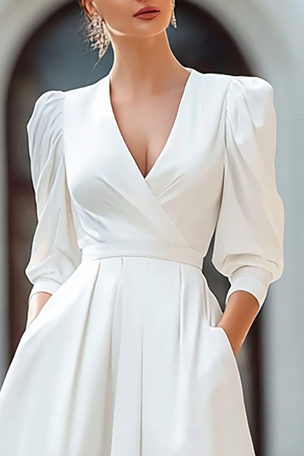 Zapakasa Women Ivory Satin Long Engagement Dress with Pockets V-Neck A Line Rehearsal Dinner Dress with Sleeves Zapakasa Women Ivory Satin Long Engagement Dress with Pockets V-Neck A Line Rehearsal Dinner Dress with Sleeves