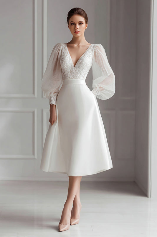 Ivory V-Neck A Line Short Wedding Dress with Lace