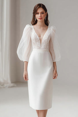 Zapakasa Women Ivory Satin Short Wedding Dress with Lace V-Neck Bodycon Engagement Dress with Sleeves Zapakasa Women Ivory Satin Short Wedding Dress with Lace V-Neck Bodycon Engagement Dress with Sleeves
