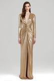 Sparkly Gold Metallic V-Neck Sheath Ruched Long Formal Dress with Slit