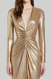 Sparkly Gold Metallic V-Neck Sheath Ruched Long Formal Dress with Slit