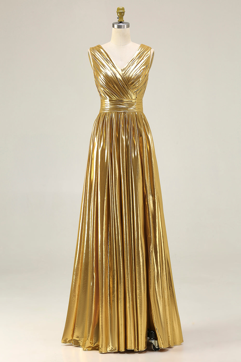 Sparkly Gold Metallic Ruched V-Neck A-Line Long Formal Dress with Slit