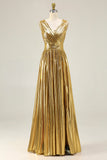 Sparkly Gold Metallic Ruched V-Neck A-Line Long Formal Dress with Slit