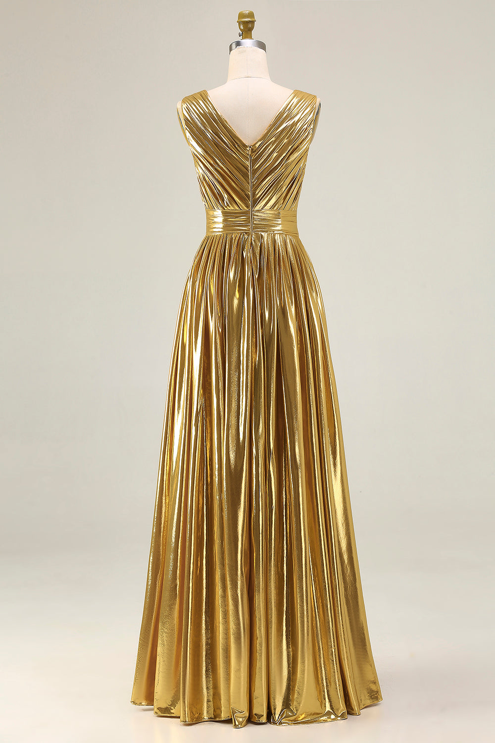 Sparkly Gold Metallic Ruched V-Neck A-Line Long Formal Dress with Slit