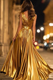 Sparkly Gold Metallic Ruched V-Neck A-Line Long Formal Dress with Slit