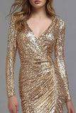 Sparkly Gold Sequin V-Neck Mermaid Long Formal Dress with Slit